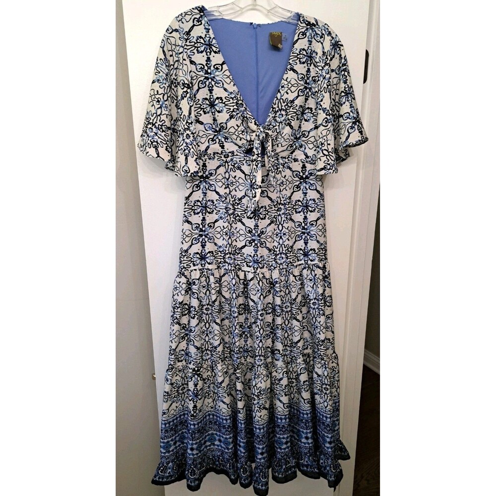 TAYLOR Blue White Jacquard Print Flutter Sleeve Cut-Out Tie Knot Maxi Dress 10